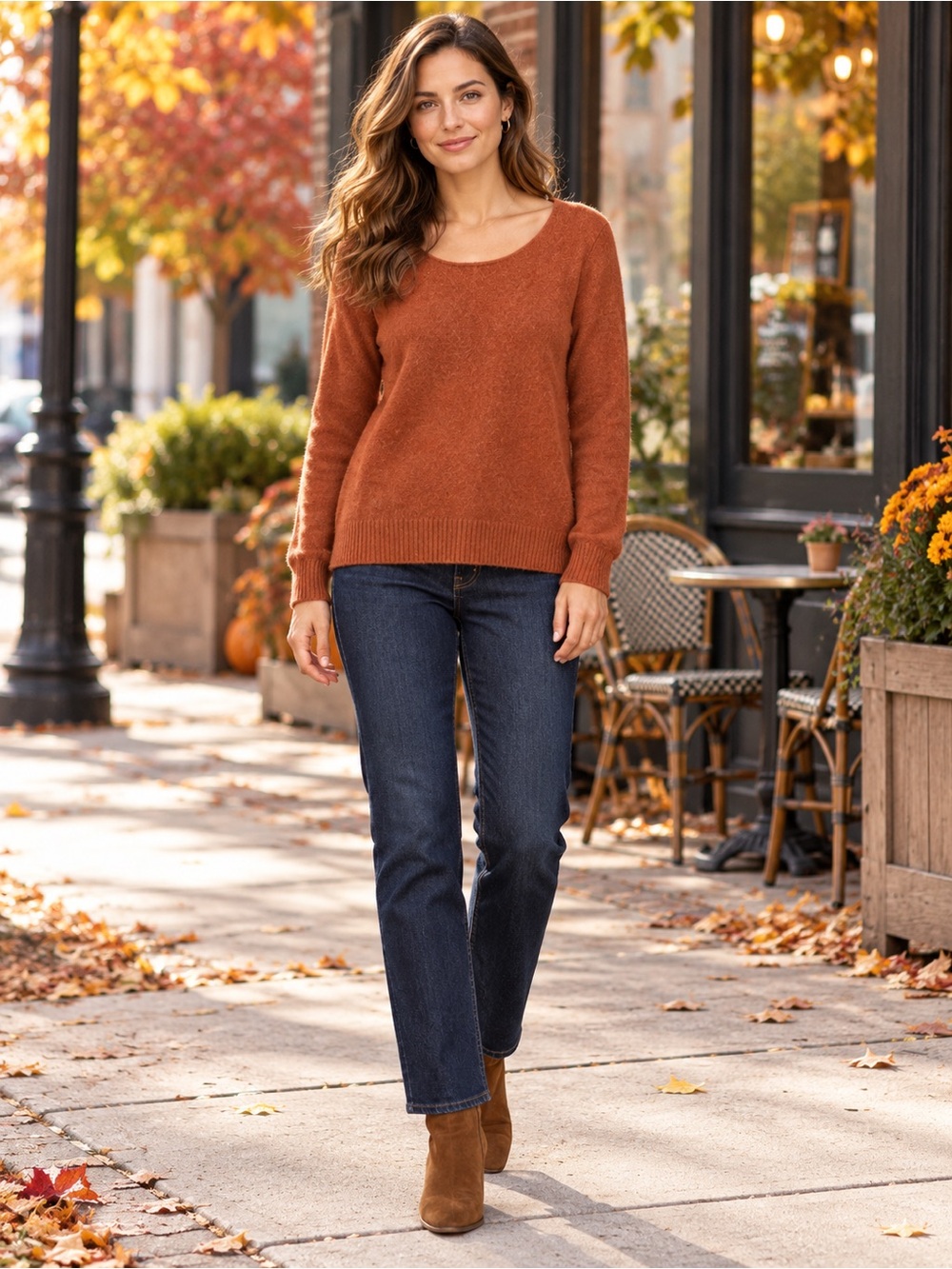 41 Hawthorn Cozy 100% Cashmere Scoop-Neck Sweater in Rust